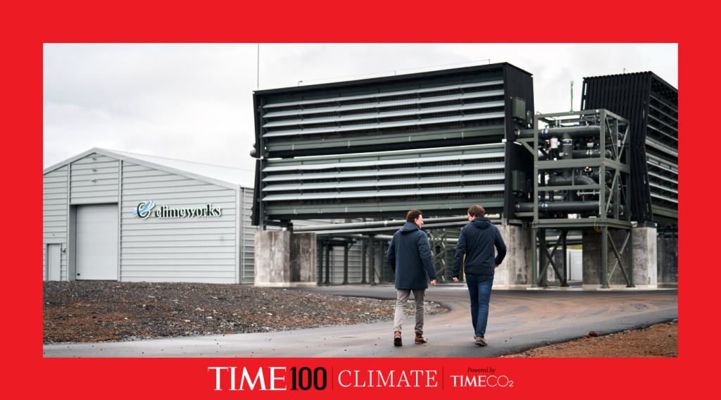 Christoph Gebald and Jan Wurzbacher in front of Climeworks' Orca plant in Iceland.